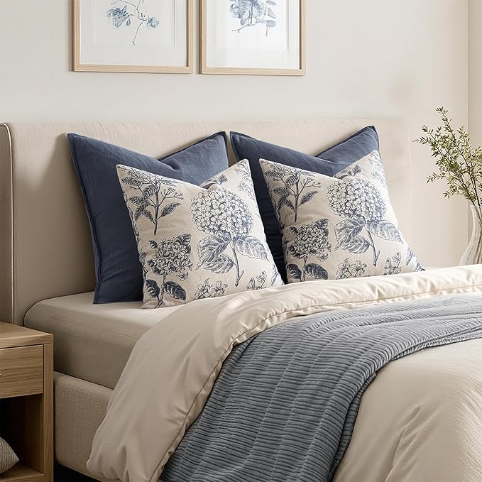 Set of 2 Decorative Floral Euro Sham Pillow Covers 24x24 Inch Light Blue Hydrangea Print Spring Boho Vintage Throw Cushion Covers for Sofa Couch Porch Bedroom Living Room Summer Home Decor
