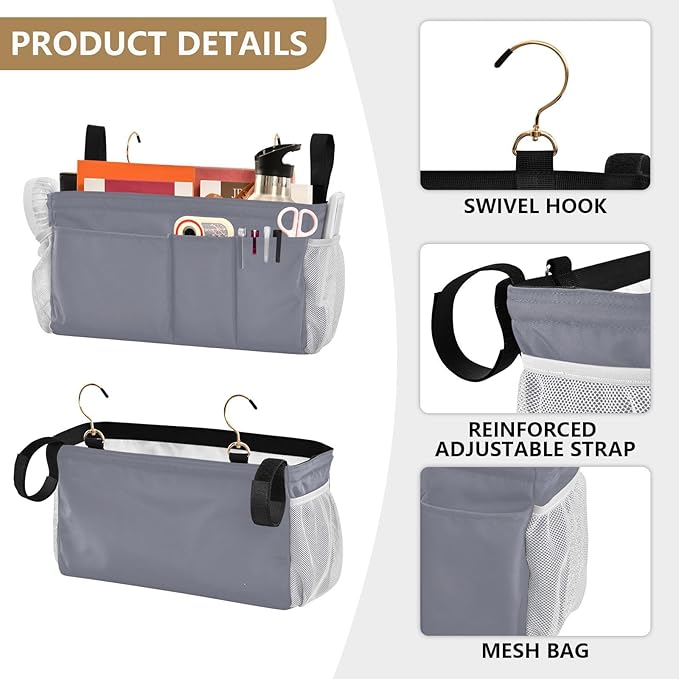 Grey Bedside Caddy Storage Bag Bedside Organizer for Dorm Room Top Bunk Bed Organizer Caddy Hanging Shelf 6 Pockets with Hooks for Book Glasses Phone Holder