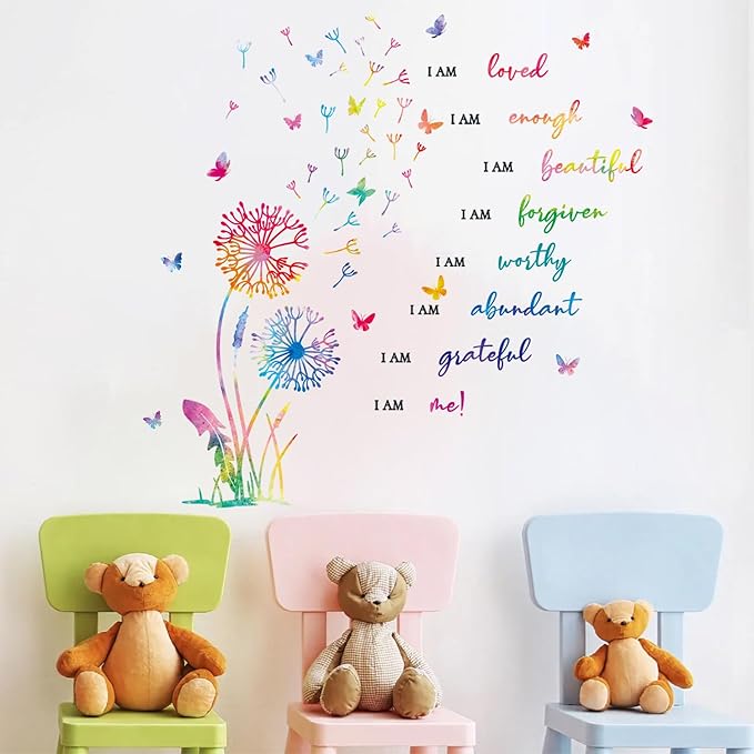 HLNIUC Dandelion Inspirational Saying Wall Sticker 75PCS Butterfly Positive Affirmation Wall Decal Flora Motivational Quotes Peel and Stick Wall Stickers Flower Inspiring Wall Decals for Girl Bedroom