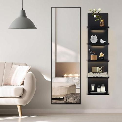 5 Tier Wall Shelf Unit, Black Shelves,Lack Shelf, Wall Shelves for Bedroom，Office,Bathroom, Vanity Shelves with LED Remote Control Light