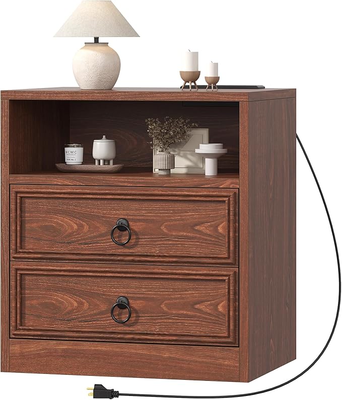 Farmhouse Nightstand with Charging Station, 21.7" Wide End Table with 2 Drawers & Open Compartment, Cherry Wood Side Table, Bedside Table for Bedroom, Living Room, Sofa