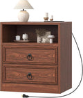 Farmhouse Nightstand with Charging Station, 21.7" Wide End Table with 2 Drawers & Open Compartment, Cherry Wood Side Table, Bedside Table for Bedroom, Living Room, Sofa
