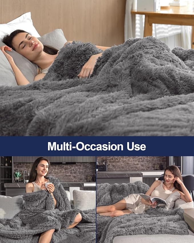 Pawque King Size Blanket - Faux Fur Sherpa Fleece Super Soft Fluffy Throw Blankets, Luxury Oversized Blankets Gift for Women Sofa Couch Bed, Breathable & Washable, Grey 90x108 inches