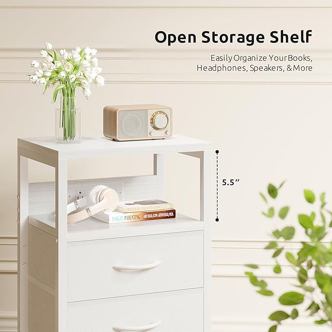 NightStand Bedside Charging Table Bedroom - Night Stand with Charger Station, White Modern Bed Side End Table with Open Shelf & 2 Fabric Drawers, USB-C Port & AC Outlets for Dorm, Living Room