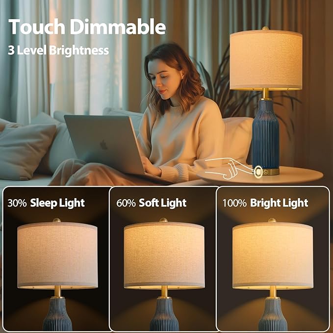 24.5" Modern 3-Way Dimmable Touch Control with 5FT Cord & USB A+C Ceramic Lamps Set of 2 Table Lamp for Living Room Bedroom Farmhouse Nightstand Bedside Blue