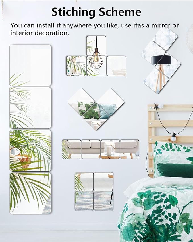 Shatterproof Peel and Stick on Mirror Tiles for Wall Decorative, 4 pcs 8”x8” Unbreakable Small Mirrors for Wall Classroom Decor, Toddlers Mirror for Kids Bedroom, Plastic Door Adhesive Mirrors