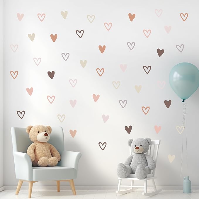 72psc Boho Heart Wall Stickers Girls Bedroom Removable Wall Decals Nursery Kids Decor, Cute Decorations, Pastel Hearts Wall Art Stickers for Kids Room Bedroom Playroom Nursery Room