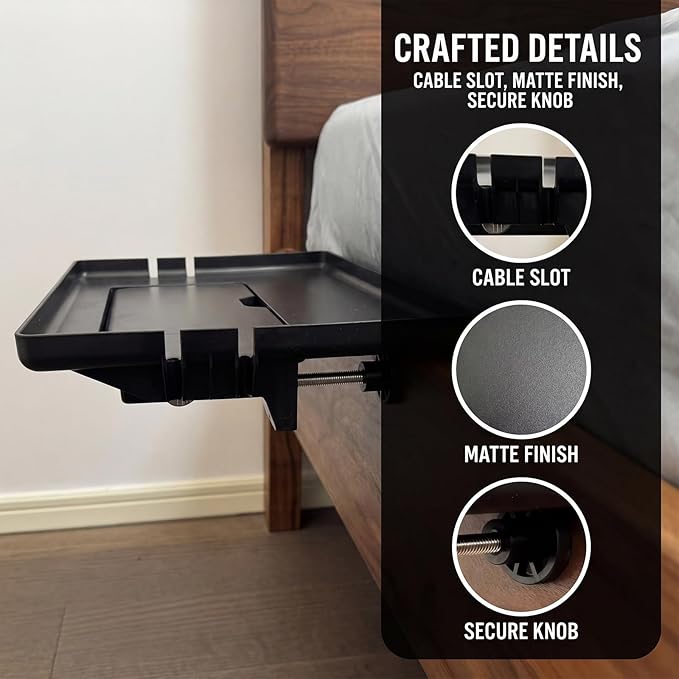 Bedside Shelf for Bunk Bed & College Dorm, Clamp-on Bed Shelfie with Hidden Storage Box & Cable Management, Large Bedside Tray for Rails up to 2.9", Space Saving Floating Nightstand, Black
