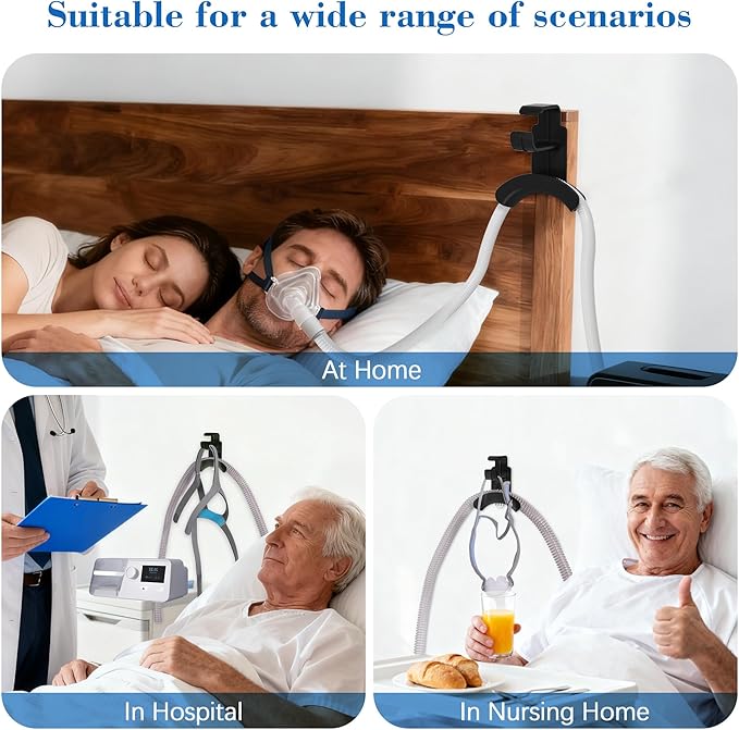 2 Pack CPAP Hose Holder for Bed, CPAP Tube Holder Compatible with CPAP Hose & Headgear Storage, Bedside CPAP Hook for CPAP Organization with 4 Removable Strips（2 Black）