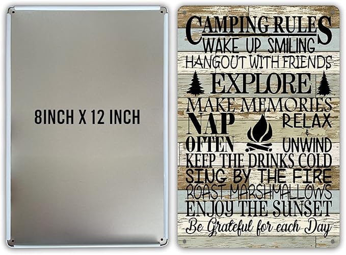 QIONGQI Funny Camping Rules Metal Tin Sign Wall Decor Farmhouse Rustic Camping Signs with Sayings for Home Camper Room Decor Gifts