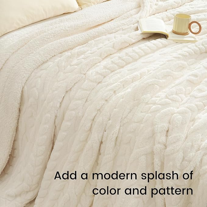 PHF Fluffy Sherpa Blanket King Size for Winter, Warm and Soft, 510GSM 3D Jacquard Thick Shaggy Fleece Plush Blanket for Sofa Bed, Cream, 108"x90"