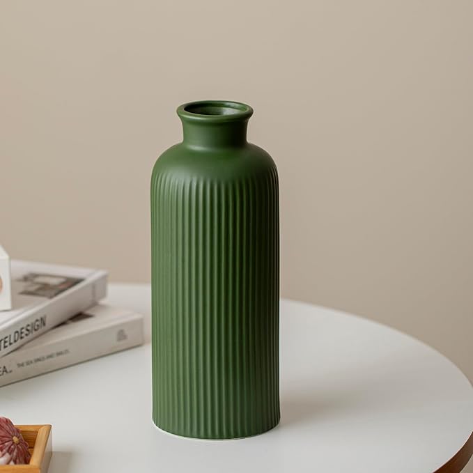 Green Ribbed Ceramic Vase for Flowers, Modern Textured Decorative Vase, 10 Inch Tall, 4 Inch Width, Farmhouse Style Home Decor (Matte Glaze Green)