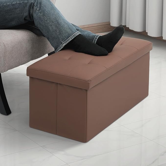 MoNiBloom 30 Inch Storage Ottoman Bench, 24 Gal. Folding Ottoman Footrest, End of Bed Bench, Rectangle Foot Stool, Supports 600 lbs, for Bedroom, Living Room, Entryway, Hallway, Brown