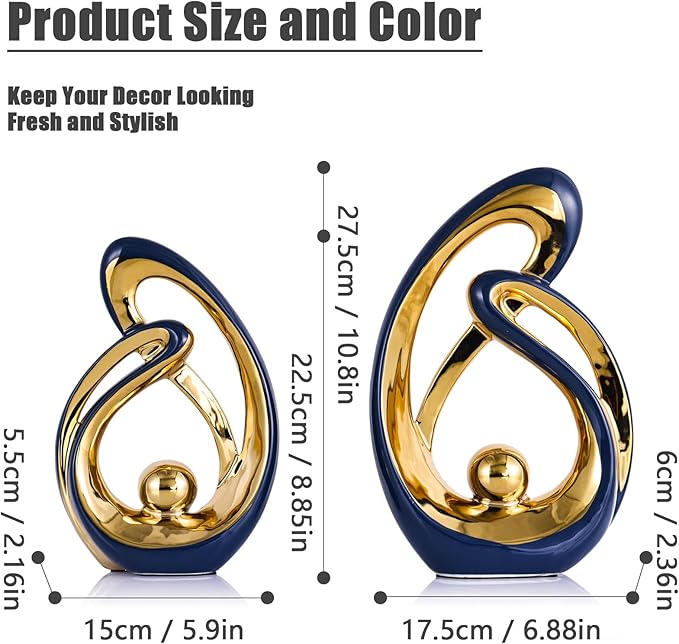 XMGZQ Home Decor Accent,Porcelain Art Mid Century Bookshelf Decorations,Gold Centerpieces for Tables,Abstract Ceramic Statue Sculpture for Coffee Table Mantel Tv Stand Centerpieces (Blue, Large)