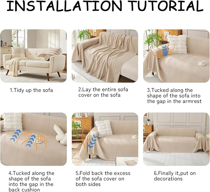 HANDONTIME Khaki Sofa Cover for Couch, Couch Slipcover with Non-Knot Tassels Sofa Cover for Dogs Washable, Simple Sofa Protector for Pets & Kids Chenille Cover Blanket Durable & Soft, 91"x118"