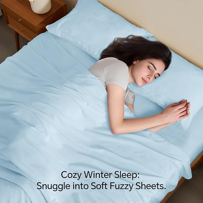 BEDELITE Flannel Sheets Twin Size Blue - Super Soft Fleece Sheets Set Fluffy Extra Plush, 3 Piece(Include Fitted Sheet, Flat Sheet, 1 Pillowcase)
