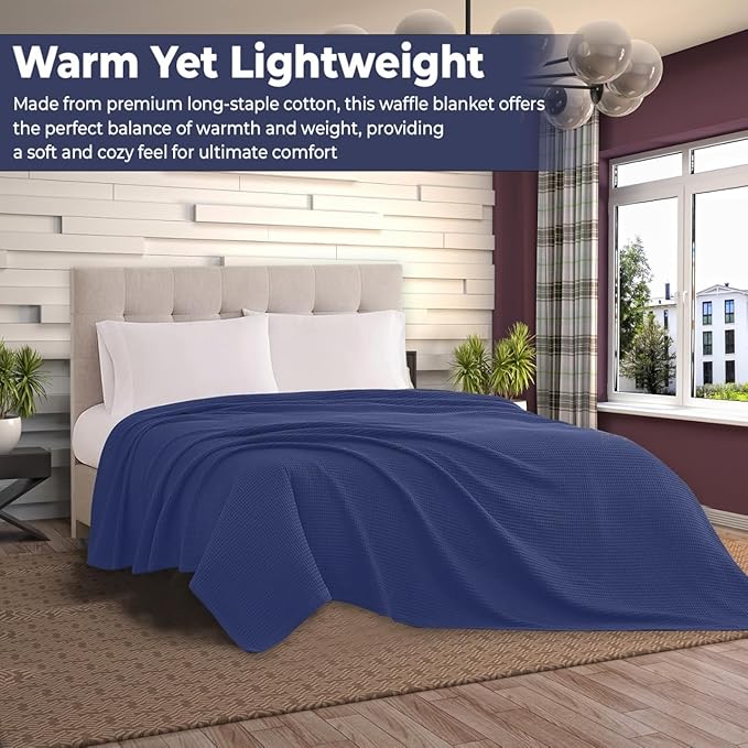 100% Cotton Blankets for Bed - Waffle Weave Blankets for Summer, Lightweight and Breathable Soft Woven Blanket for Spring (Navy, Throw (50" x 60"))