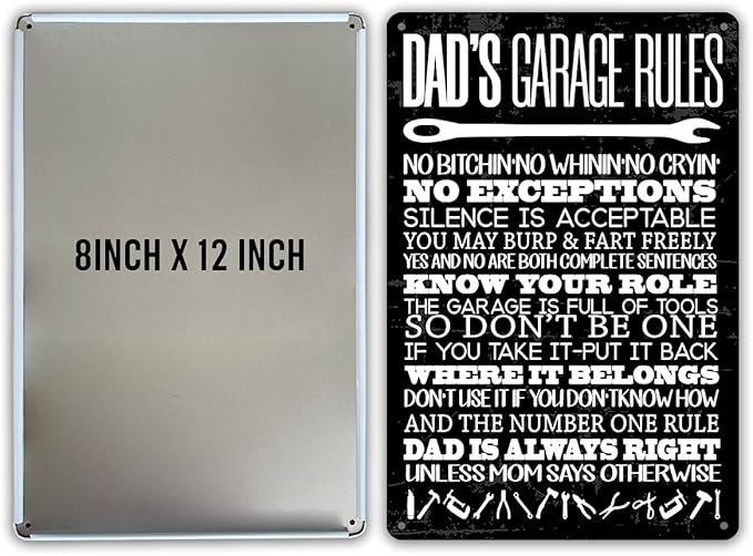 QIONGQI Funny Dad's Garage Rules Metal Tin Sign Wall decor Garage Quote Sign for Home Garage Men Cave Decor Gifts for Dad Father(Wooden Style)
