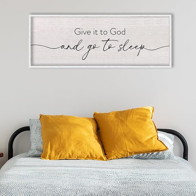 LuZhiQiang Catholic Wall Decor 40"×15" Give It To God And Go To Sleep Sign for Master Bedroom Above Over Bed Religious Faith Home Art Rustic Large Wood Framed Hanging (White)