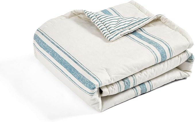 Lush Decor Farmhouse Stripe Reversible Throw, Single, 50" W x 60" L, Blue - Blue Throw Blanket For Bed - Soft Blanket - Couch Throw - Rustic Farmhouse Decor