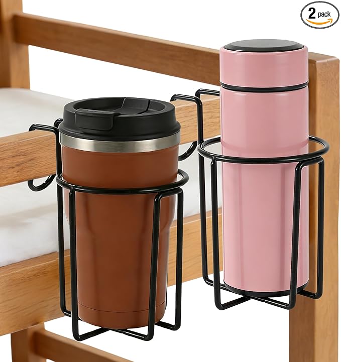 2 Pcs Cup Holder for Bed, 3.3" Diameter Metal Bedside Drink Holder Water Bottle Organizer for Car Dormitory Bunk Bed Office Desk Partition, Black
