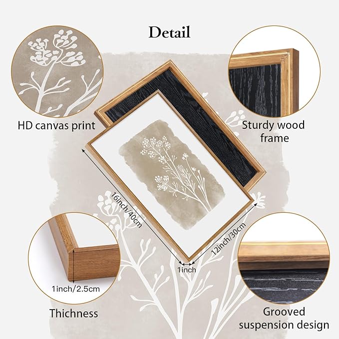 CHDITB Vintage Floral Framed Canvas Wall Art Set Of 3, Minimalist Wall Decor, Nature Inspired Wildflower Wall Painting, Neutral Botanical Flower Art Prints For Dining Room Bedroom Decor(12X16 Inch)