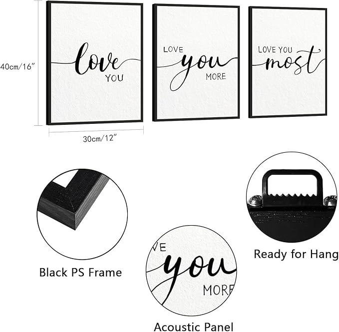 Love You More Wall Decor: 3 Piece Love Quotes Wall Art Over Bed Decor,Love Sign Framed Modern Master Bedroom Wall Decor for Couples,Romantic Minimalist Bedroom Pictures Living Room Decor 12"x16"