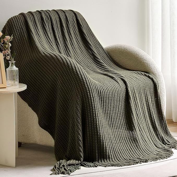 Blagic Knitted Throw Blanket for Couch Soft Farmhouse Boho Throw Blanket with Tassels Home Decorative Lightweight Olive Green Throws for Bed/Sofa, Wheat Textured, 60" W x 80" L