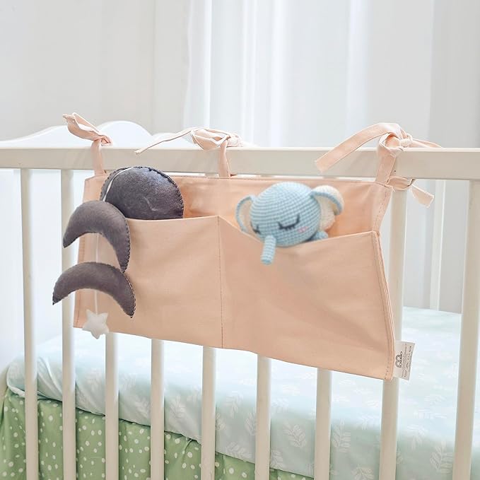 Baby Bedside Bag - 2 Pockets Crib Organizer Hanging for Crib,5 Colors Selection -Baby Toys Storage High-Capacity Baby Hanging Organizer (Apricot color)