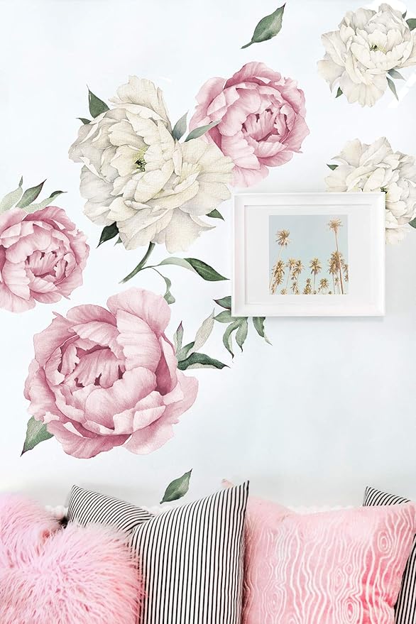 Peony Watercolor Wall Decals (Pink and White Watercolor) - Spring Decor Flowers Decals for Wall - Botanical Bedroom Sticker Girls - Floral Peonies Pink Botanical Stickers Bedroom Nursery w/test Sample