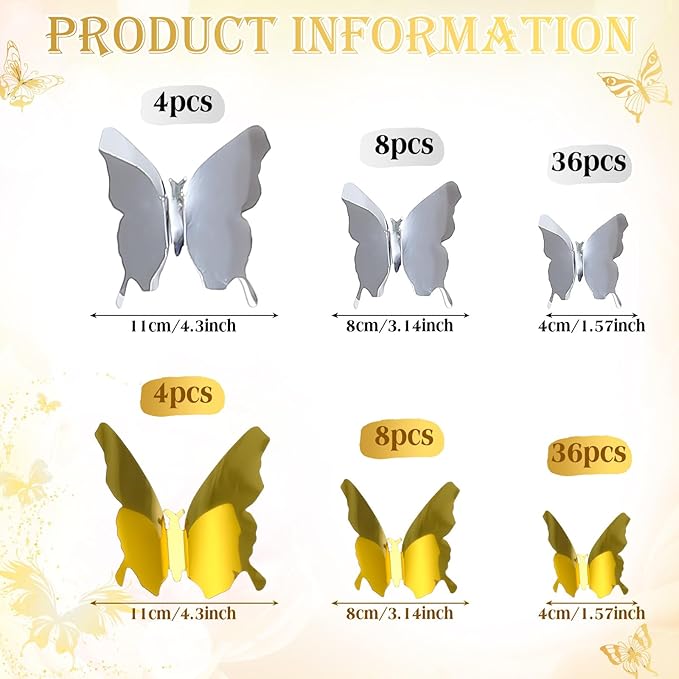 BBTO 48 Pieces Butterfly Wall Decor DIY 3D Mirror Butterfly Stickers Removable Decals Crafts for Birthday Party Bedroom School Bathroom Living Room Decor(Gold,Silver)