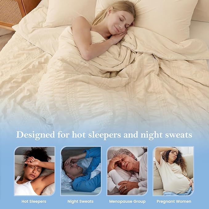 Cozy Bliss Striped Seersucker Cooling Comforter Queen Size, Lightweight Airflow Silky Cooling Bedding with Q-Max>0.45 for Bedroom, Home Decor, Hot Sleepers & Night Sweats, Khaki 90"x90"