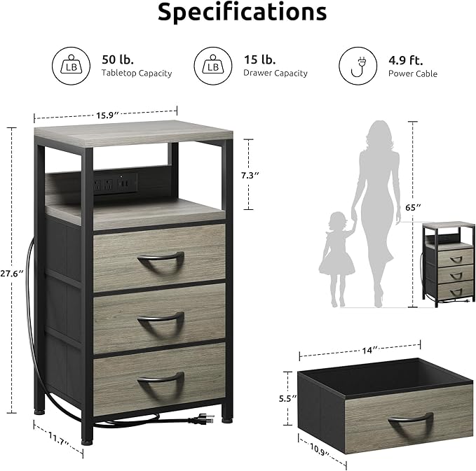 NightStand Bedside Charging Table Bedroom - Night Stand with Charger Station, Modern Nightstand with Open Shelf & 3 Fabric Drawers, End Table with USB-C USB Ports & AC Outlets for Dorm, Grey