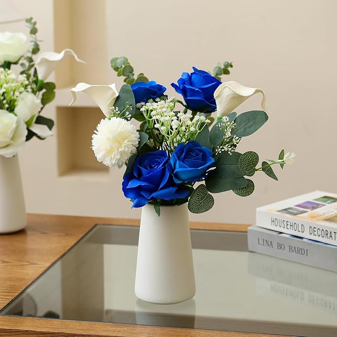 Fake Flowers with a Ceramic Vase for Centerpiece Table Decorations, Faux Blue Silk Rose in Vase, Flowers Arrangements Artificial Flowers Indoor for Dinning Coffee Table Home Decor(Blue White)