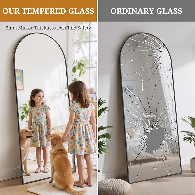 Full Length Mirror 71"x26" Full Body Mirror Arched Free Standing Wall Mounted Leaning Floor Mirrors with Stand Aluminum Alloy Frame for Bedroom Cloakroom, Black
