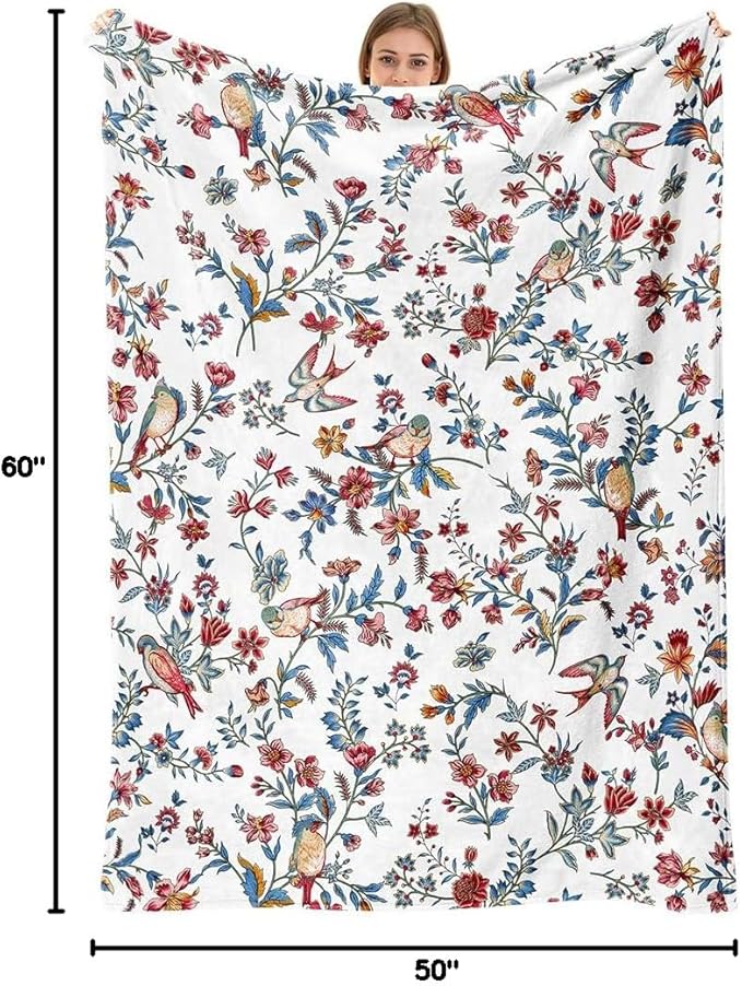 Bird Floral Throw Blanket Flower Plant Cozy Fuzzy Plush Throw Blanket Flannel Fleece Throw Blankets Gift for Women Girl Adult Boho Blankets for Bed Sofa Travel 50" x 60" Inch