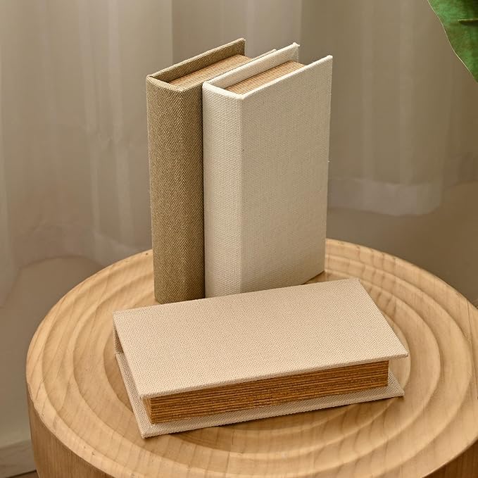 Modern Linen and Wood Decorative Faux Book Boxes Set of 3, 12",Taupe,Beige,Off White