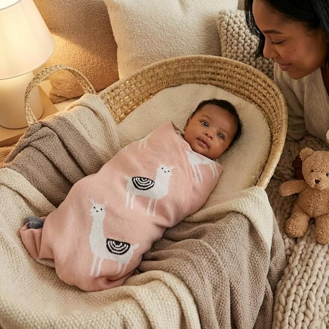 Knit Swaddling Baby Blanket - 100% Fine Loomed Cotton Cozy Receiving Cuddle Stroller Crib Swaddling Stroller Swaddle Quilt Blanket for Newborns Infants Toddler Boys and Girls (Llama - Pink)