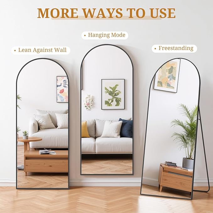 Full Length Mirror 65"x24" Full Body Mirror Arched Free Standing Wall Mounted Leaning Floor Mirrors with Stand Aluminum Alloy Frame for Bedroom Cloakroom, Black