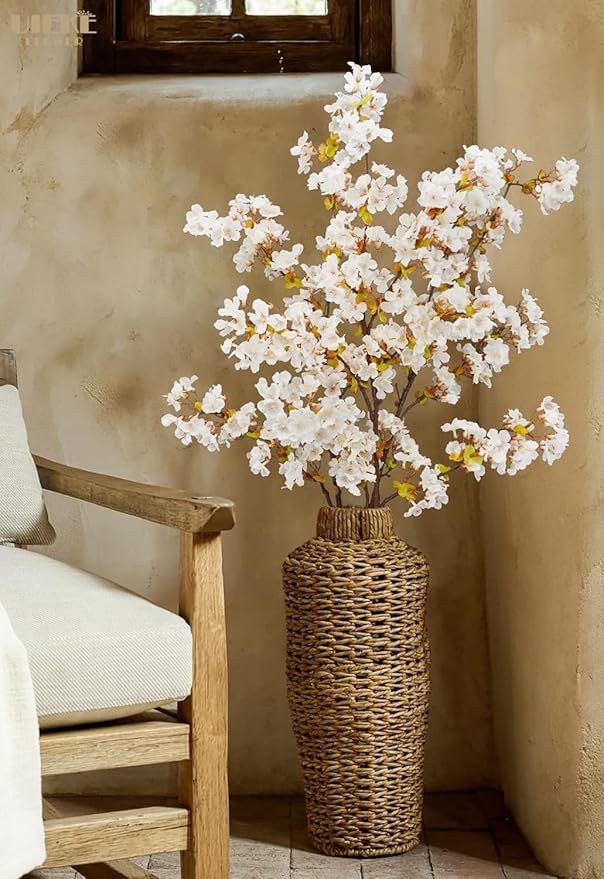 Uieke 24Pcs Silk Cherry Blossom Branches, 39.3in Artificial Cherry Blossom Tree Stems, Fake Plum Blossom Flowers Arrangement for Wedding Home Japanese Decor, White