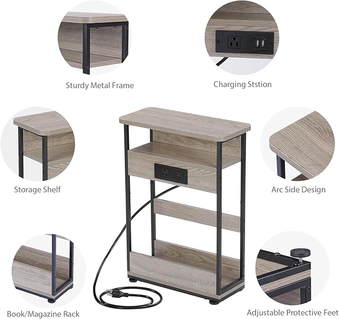 Narrow Side Table with Charging Station, 3-Tier End Table with 2 USB Ports & Power Outlets,Thin Sofa Side Table for Narrow and Small Spaces, Bedside Table Nightstand for Living Room,Oak