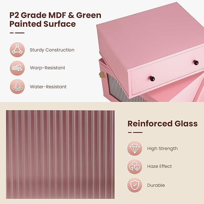 RoyalCraft Nightstands Set of 2 with LED Light Strips, Pink End Table with 360° Rotating Drawer, Modern Bedside Table with Glass Door Storage, Wood Night Stand Cabinet for Bedroom, Home Office, Pink