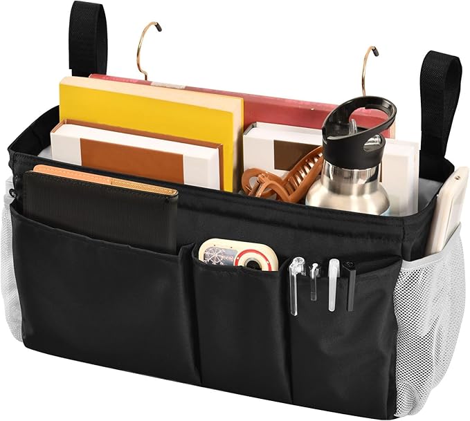 DOMIKING Black Bedside Caddy for Dorm Bed Recliner Armrest Organizer with Hooks Haning Holder for Bunk Bed Headboards Rails