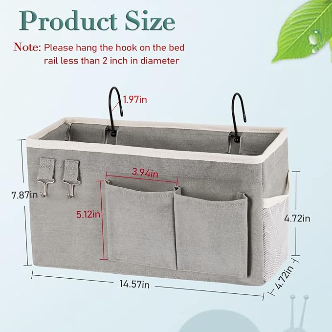 Bedside Caddy Bedside Storage Bag Hanging Organizer for Bunk Hospital Beds Dorm Rooms Bed Rails Can be Placed Books Mobile Phones Keys Water Bottle (Grey)
