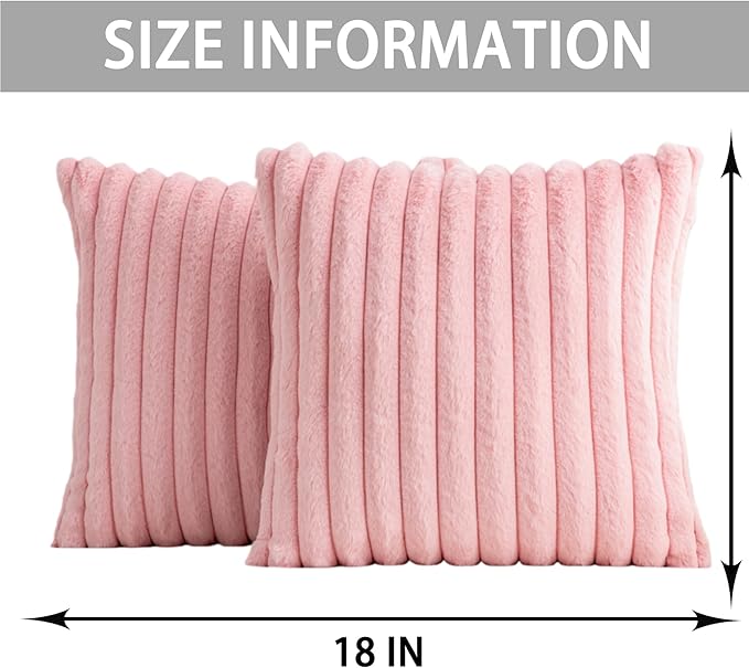 Aegero Pack of 2 Faux Fur Christmas Throw Pillow Covers 18x18 Inch, Soft Plush Striped Neutral Couch Pillow Cover, with Velvet Back Modern Home Decor for Sofa Living Room Couch Bed Pink