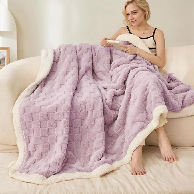 Sherpa Throw Blanket for Couch, Flannel Cozy Soft Thick Blanket for Bed - Fleece, Purple, 60x80 Inches