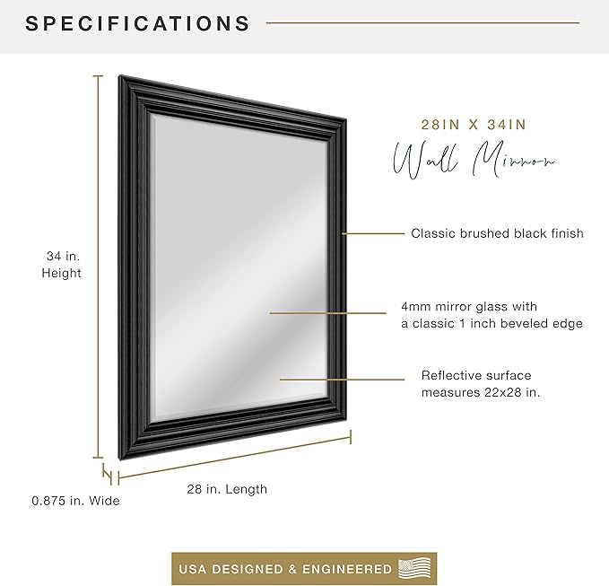 MCS 28x34 Large Wall Mirror, Brushed Black Frame & Beveled Detail Mirror, Vertical & Horizontal Wall Hanging Mirror for Bathroom, Bedroom & Livingroom