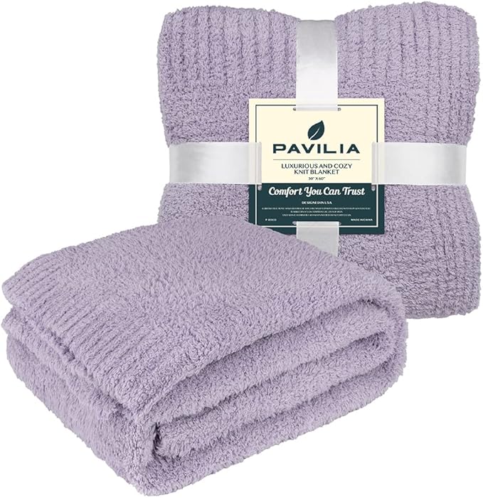 PAVILIA Super Soft Throw Blanket for Couch, Fluffy Cozy Lightweight Purple Blanket, Fuzzy Warm Knit Blanket for Bed Sofa, Lavender Lilac, 50x60