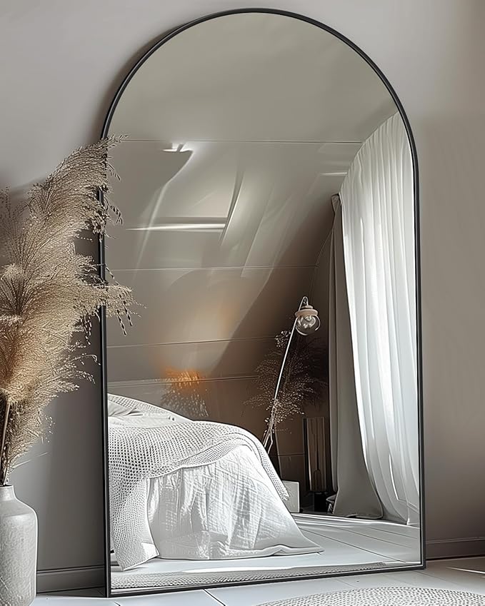 Antok Full Length Mirror, 76"x44" Floor Mirror with Stand, Hanging Mounted Mirrors for Bedroom, Living Room, Cloakroom, Dining Room, Black, Arched