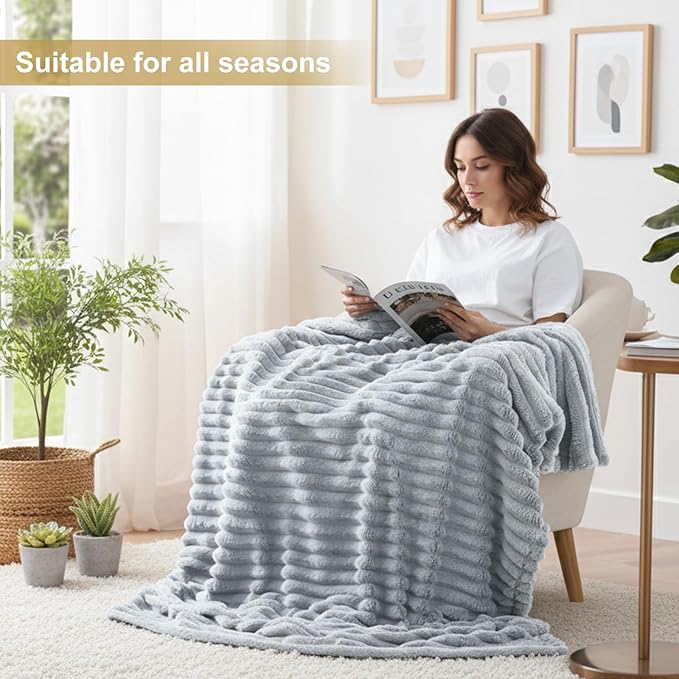 decorUhome Soft Fleece Light Grey Twin Blanket for Bed, Cozy Fluffy Plush Flannel Striped Throws for Couch Sofa, Lightweight Decorative Ribbed Fuzzy Blanket for Woman, 60x80 Inches